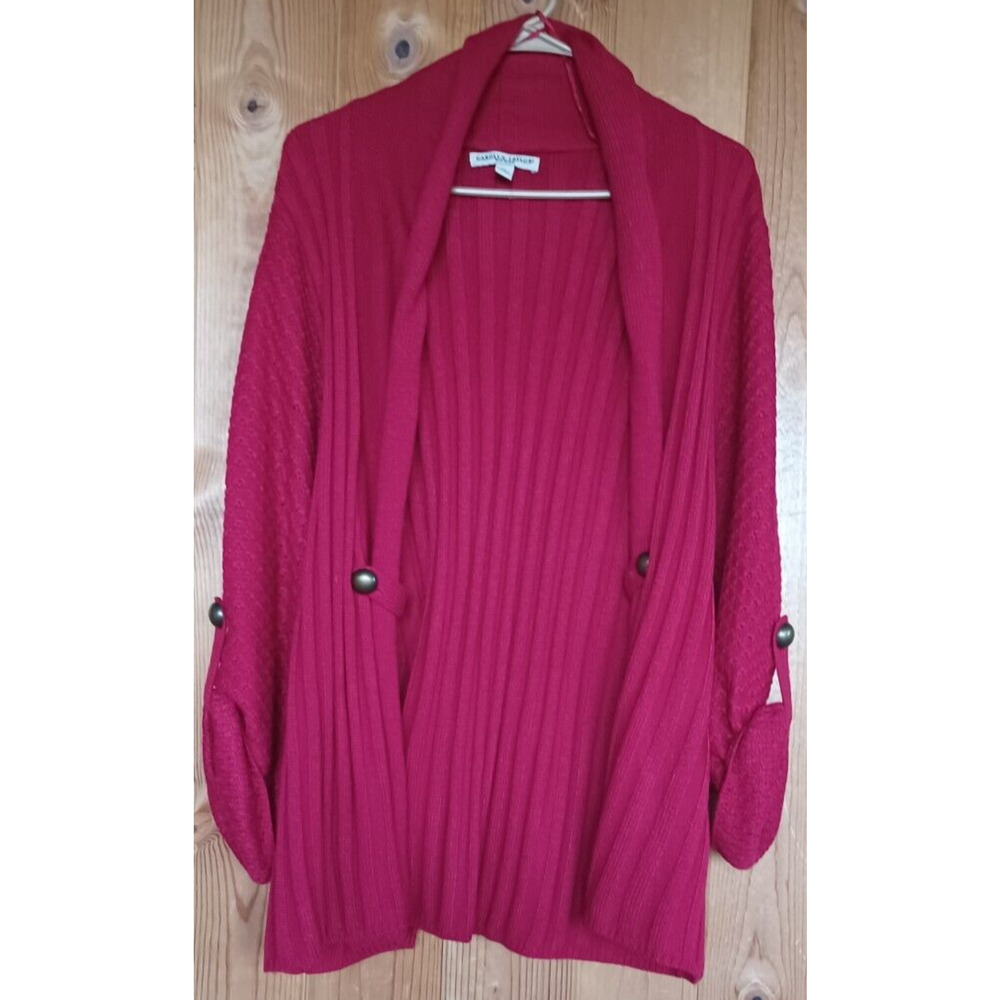 CAROLYN TAYLOR Red Open Mixed Knit Cardigan Womens 1X Long Sweater Holiday Color